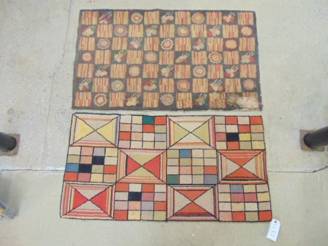 2 hooked rugs, blocked patterns, one has extensive wear in on corner, 47" by 27.5" & 47" by 24" (1 of 4)