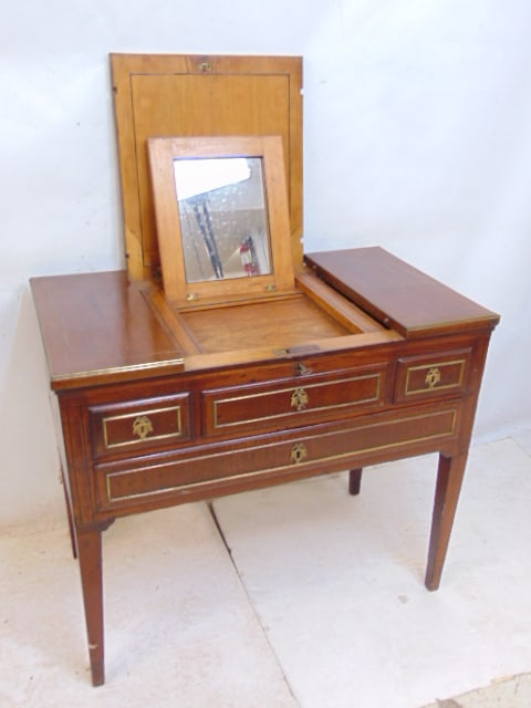 Inlaid mahogany dressing table with bronze trim, folding mirror in center, lift up side panels over (1 of 9)