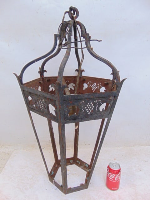 Iron lantern, frame only, no glass, with decorative grape pattern cut out upper edge, lantern is 31" (1 of 4)