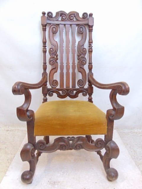 Flemish style arm chair, upholstered seat, curved, carved features, chair is 26" wide, 26" deep, (1 of 4)