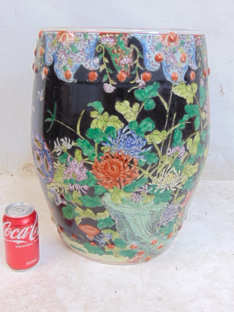 Chinese porcelain garden seat, floral decorated, stool is 17.25" tall. (1 of 5)