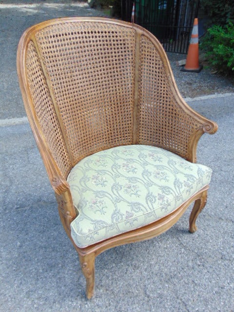 Caned & carved wood French style armchair, back & front caned, seat caned, with cushion, caning in (1 of 6)