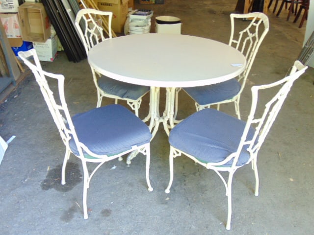 Dinette set, table with 4 chairs, cast aluminum, faux bamboo style, table is 42" in diameter, in: Dinette set, table with 4 chairs, cast aluminum, faux bamboo style, table is 42" in diameter, in white paint, height table is 29.5" tall, composite top
