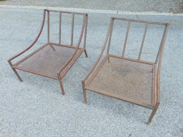 Pair iron chairs, arm chairs lounge style, each chair is 23.5" wide, 31.5" deep, height is 24" (1 of 4)