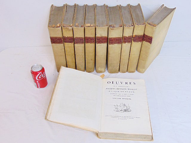 Set of 10 vellum bound books, "Oeuvres de messire Jacques Benigne Bossuet eveque de Meaux, contenant (1 of 9)