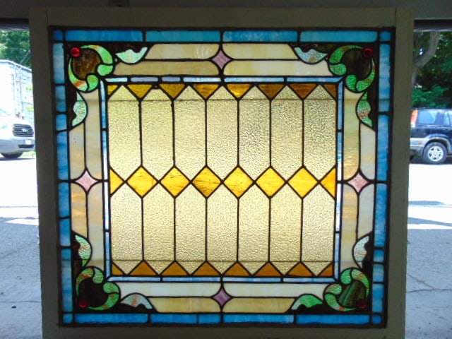 Leaded glass window, amber center, decorative edge with jewels, 34.75" by 37", good condition (1 of 5)
