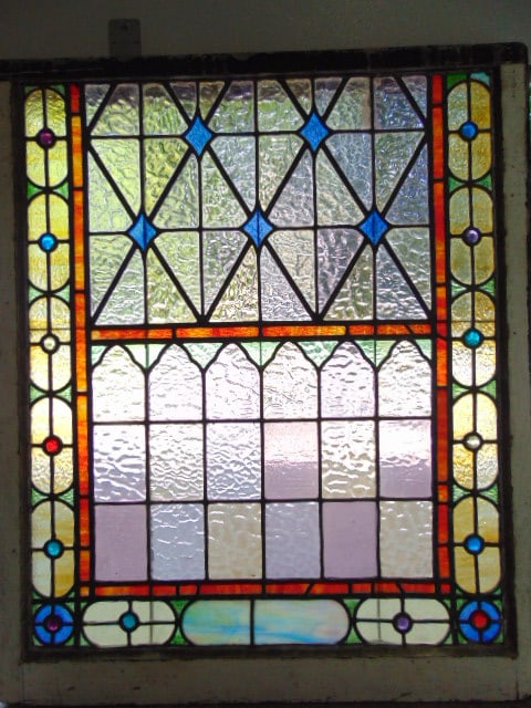 Leaded glass window, decorative edge with jewels, two small amber panels in center are cracked, (1 of 6)