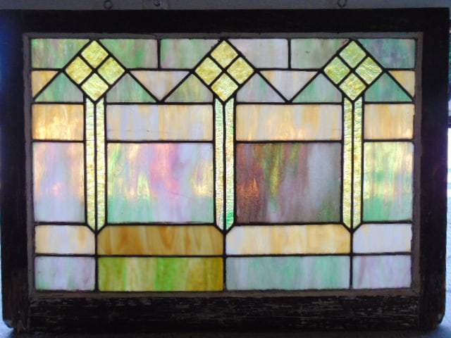 Leaded glass window, geometric design, glass good, 24.75" by 34.25" (1 of 4)