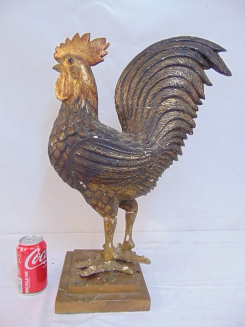 Large carved & gilt wood rooster, Italian, repaired legs, loose from base, rooster is 23.25" tall, (1 of 4)