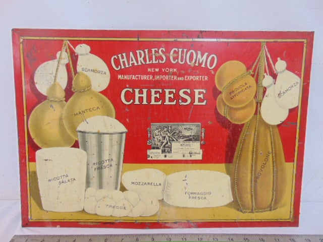 Advertising sign, Charles Cuomo Cheese, New York Manufacturer, Importer and Exporter, on tin, some (1 of 5)