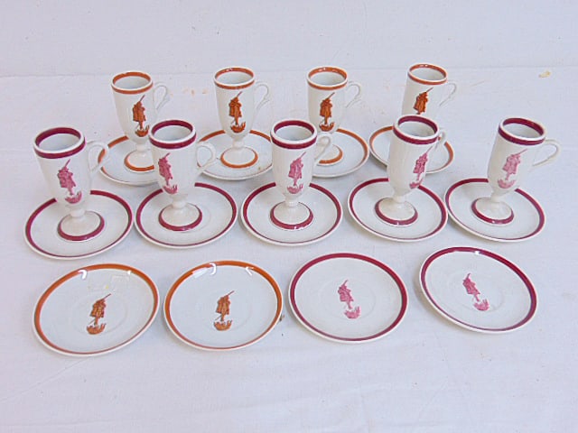 Set of Loubat Diablo demi tasse cups & saucers, New Orleans, LA Carr China Co. 4 cup & saucers with: Set of Loubat Diablo demi tasse cups & saucers, New Orleans, LA Carr China Co. 4 cup & saucers with brown rim plus two eaxtra saucers, 5 cups & saucers with brown red rim plus two saucers