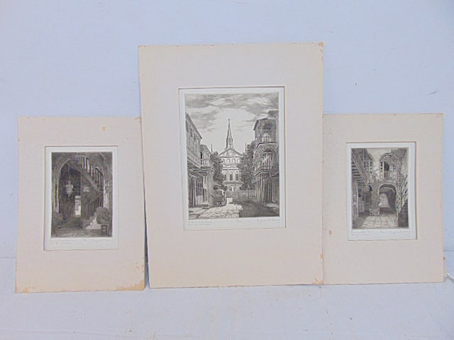 3 New Orleans etchings by Eugene E. Loving, "Sunlight and Shadow, Old New Orleans", 9 3/8" by 7.5";: 3 New Orleans etchings by Eugene E. Loving, "Sunlight and Shadow, Old New Orleans", 9 3/8" by 7.5"; "Bourbon Street Court, Old New Orleans", 9 5/8" by 7.75" & "Orleans and Royal, Old New Orleans", 12.