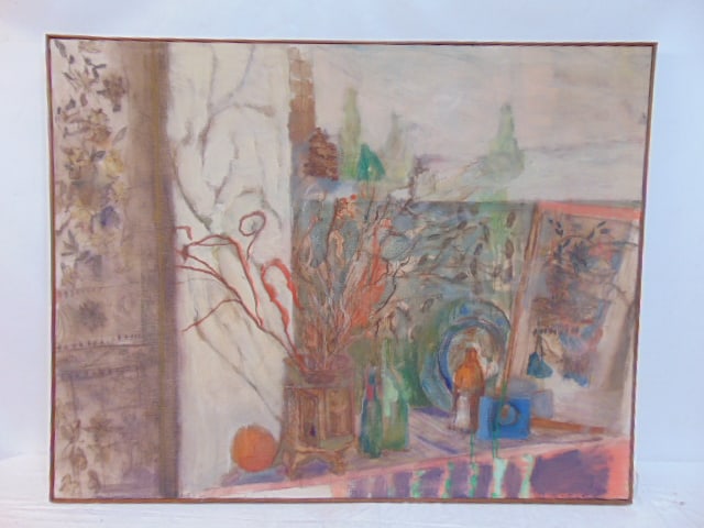 Painting, plants & bottles on window sill or shelf, unsigned, oil on canvas, 38" by 48" (1 of 3)