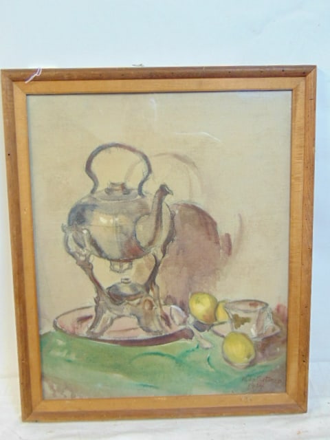 Painting, still-life with teapot, apples, signed Philip Costanza, 1924, watercolor, 21.5" by 18", (1 of 5)