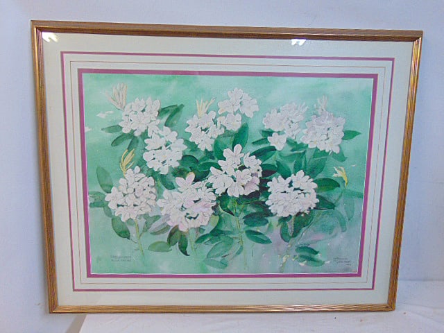 Painting, "Rhododendron at our Gardens", John Gould, watercolor, dated 1990, 21" by 29.5", framed (1 of 4)
