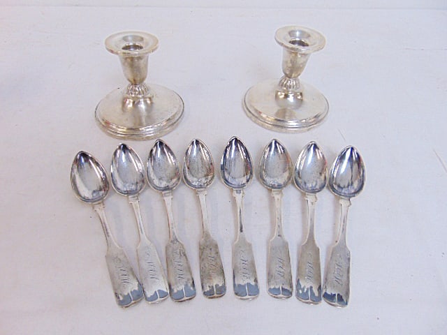 Set 8 coin silver spoons & two weighted candle holders, spoons T. Alberi, 5 troy plus candle holders (1 of 4)