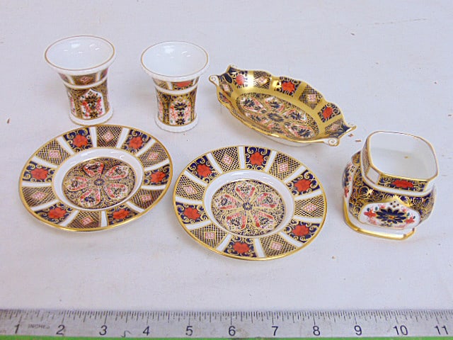 Pair Royal Crown Derby demitasse cups & saucers, small bowl & small tray, dish, (5.5" by 3.5") (1 of 6)