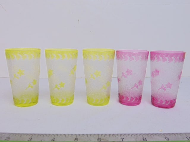 5 Baccarat glass tumblers, 3 yellow two in pink, 3.75": 5 Baccarat glass tumblers, 3 yellow two in pink, 3.75"