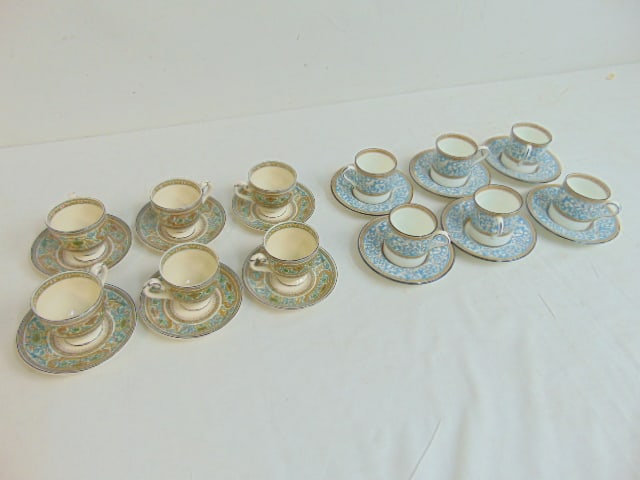 2 sets demi tasse cups and saucers, 6 Wedgwood & 6 Myott Staffordshire (one cup has chip): 2 sets demi tasse cups and saucers, 6 Wedgwood & 6 Myott Staffordshire (one cup has chip)