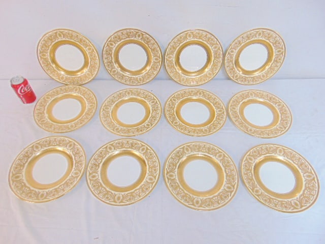 Set exceptional Minton dinner plates, pattern P.A. 1830, raised gilt detail, each plate is 10.5", (1 of 6)