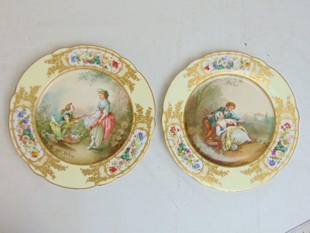 2 Sevres porcelain plates, Chateau des Tuileries, courting scenes, signed De Roux, floral decorated (1 of 7)