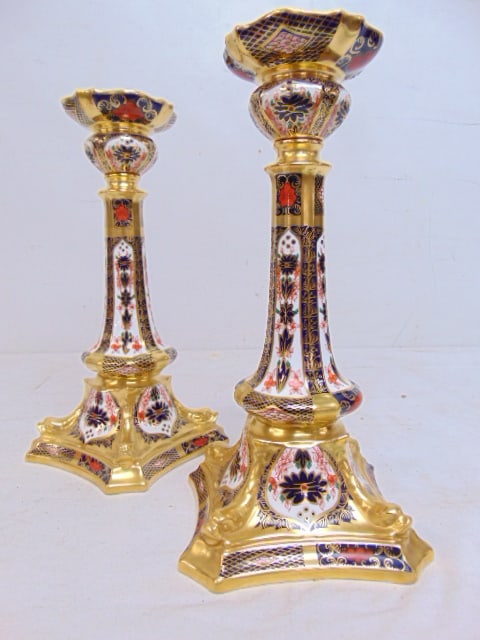 Pair Royal Crown Derby fine porcelain candle holders, gilt decorated, height is 10.5", in good (1 of 6)