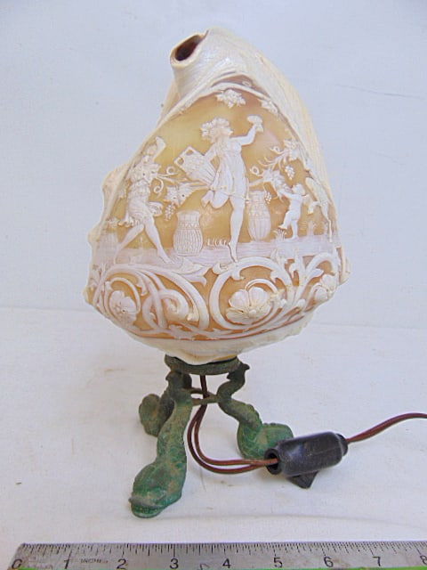 Decorative carved conch shell cameo cut lamp, on bronze dolphin feet, neo classical scene with (1 of 6)
