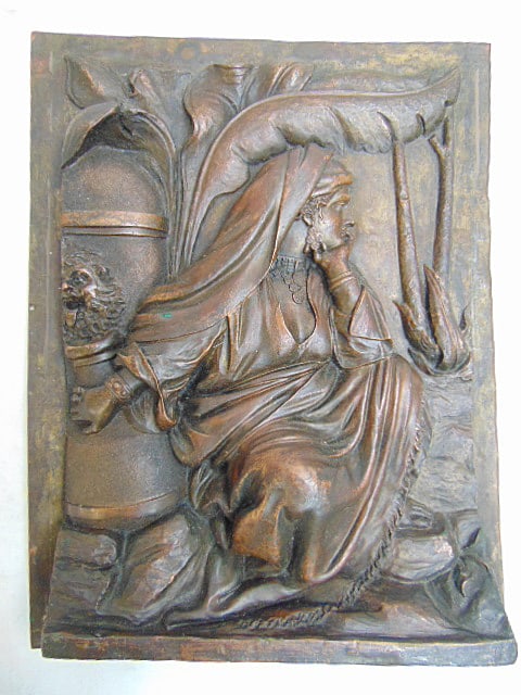Lead relief bronze patinated plaque, seated woman with scarf, signed Forni, bronzed patina, 11" by 8 (1 of 4)