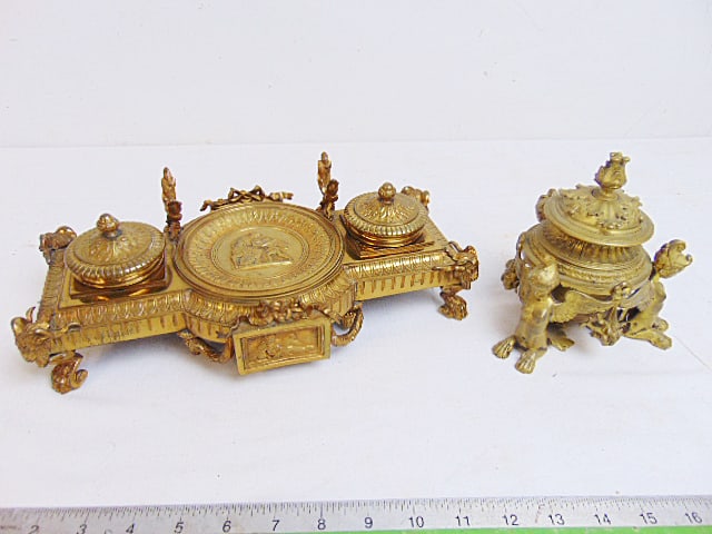 2 bronze inkwells, single inkwell on winged griffin from feet, height is 5.75" & desk set with (1 of 7)