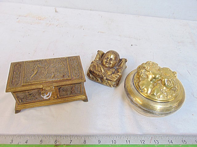 3 bronze boxes, neoclassical box decorated on all sides, courting scene on lid, 5 7/8" by b3.256", (1 of 9)