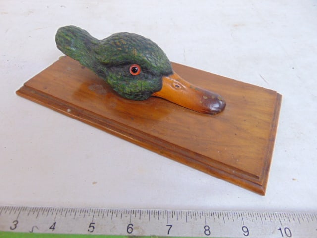 Vienna bronze duck head clip, on wood board, cold painted duck head with glass eyes, board is 10 (1 of 4)