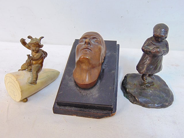 3 small bronzes, Putti with money bag on horn, death mask Napoleon, on wood base & small figural of (1 of 7)