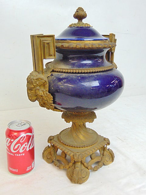Large porcelain & bronze urn, cobalt blue porcelain with bronze base, ram form handles & finial, 15" (1 of 6)