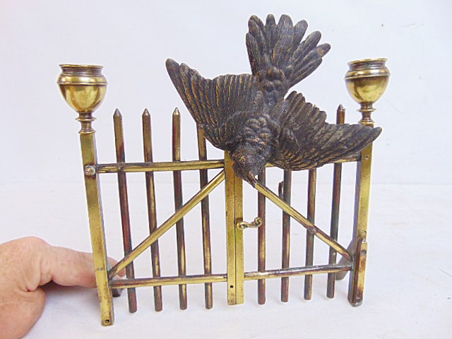 Vienna bronze bird on brass gate inkwell set, ink reservoirs are missing, pen holder back of gate, (1 of 5)