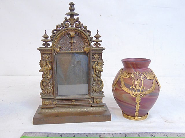 Swirl glass vase with decorative bronze works applied decorations & decorative bronze altar frame (1 of 8)