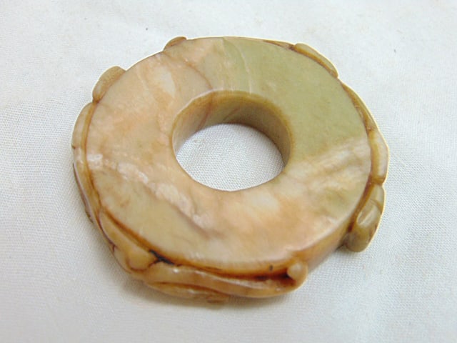 Carved jade bi disk, light beige, brown, 2.25" in diameter (1 of 5)