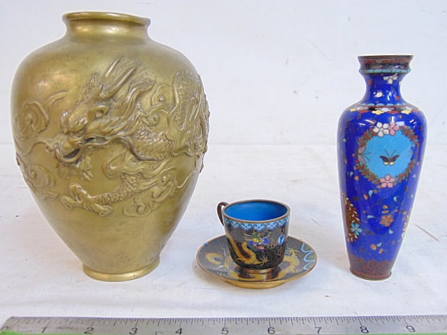 Asian bronze vase & 3 pieces of Cloisonne, dragon decorated brass vase, height is 7", floral: Asian bronze vase & 3 pieces of Cloisonne, dragon decorated brass vase, height is 7", floral decorated cloisonne vase, height is 6", & diminutive cloisonne cup & saucer, with dragon decoration, saucer