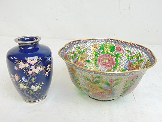 Plique-A-Jour floral decorated bowl & cloisonne vase, bowl has 6 floral decorated side panels with (1 of 10)