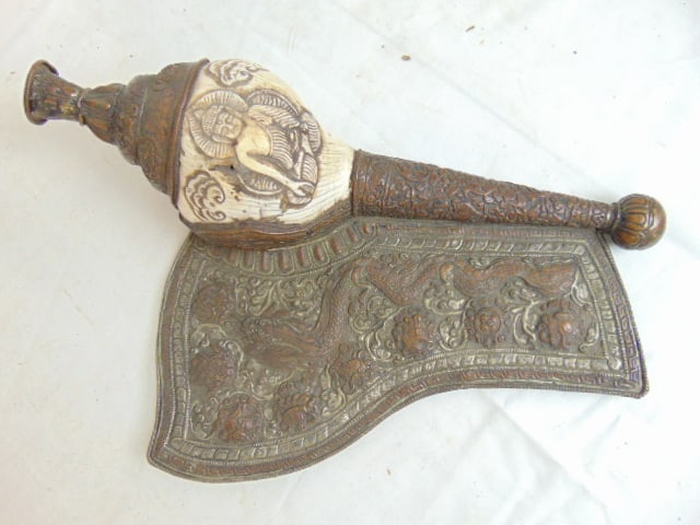 Tibetan Buddhist conch shell trumpet with carved conch shell & intricate metal work, Buddha figure (1 of 7)