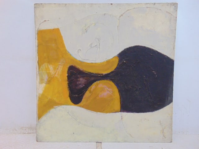 Painting, abstract in black, white & yellow, Bob Borenstein, oil on Masonite, 48" by 48": Painting, abstract in black, white & yellow, Bob Borenstein, oil on Masonite, 48" by 48"
