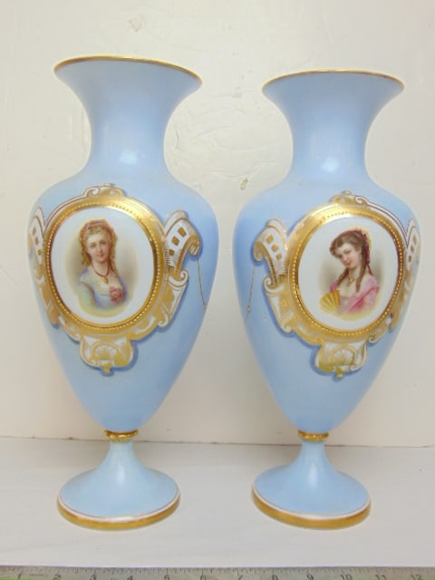 Pair Bristol portrait vases in light blue, white interior, gilt accents, good condition, height is (1 of 6)
