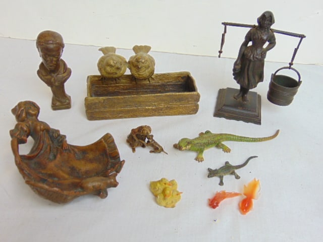 Misc. lot, Vienna bronzes, bronzes, miniature carved hardstone goldfish, includes two birds perched (1 of 11)