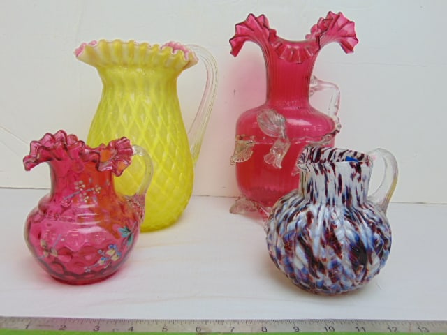 4 pieces Victorian glass, cranberry glass vase & small pitcher, yellow glass pitcher & small spatter (1 of 6)