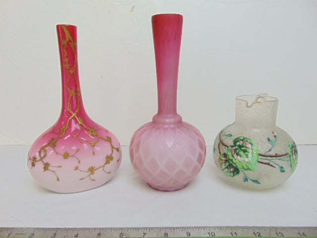 3 Victorian art glass vases, pink satin glass vase, 10" (has several blemishes), pink vase with gilt (1 of 6)