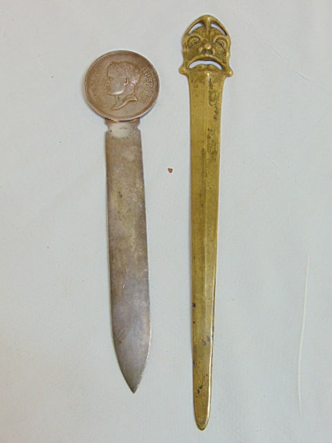2 letter openers, Christofle silver plated opener with medallion of Napoleon in handle, 8.5" & brass (1 of 5)
