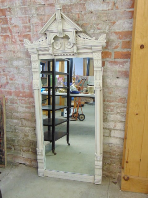 Victorian mirror in white paint, mirror is 58.75" tall, 27.25" wide. (1 of 4)