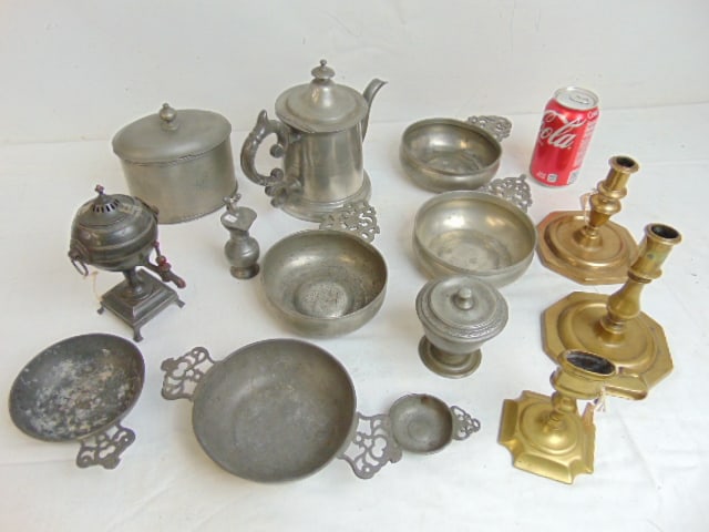 Large lot early Pewter & brass, various Pewter bowls, teapot, lidded boxes & 3 antique brass candle (1 of 6)