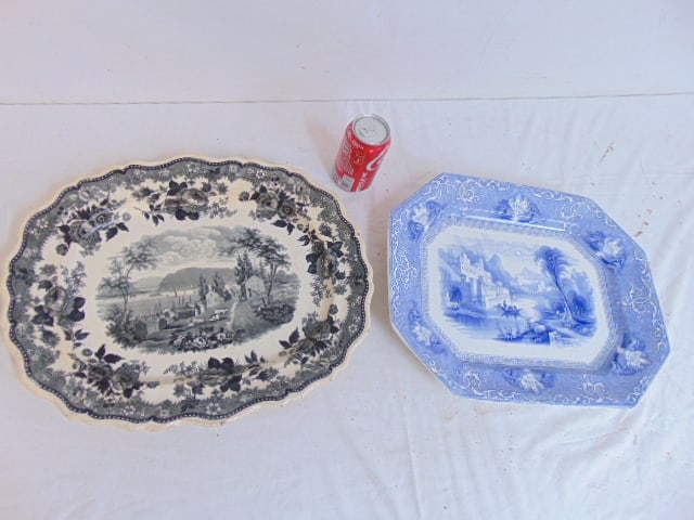 2 early ironstone platters, "View of Newburgh", in black, showing entrance to the Hudson Highlands, (1 of 9)