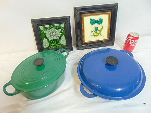 2 framed tiles & 2 cast iron pans by Le Creuset, largest tile is 10.5" by 10.5", blue cast iron pan (1 of 6)