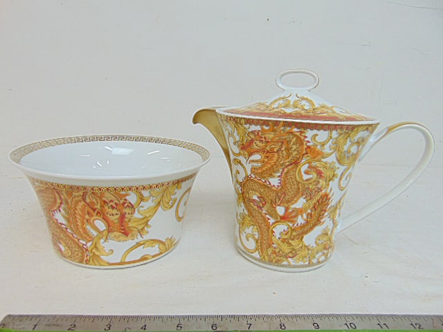 Versace for Rosenthal porcelain tea pot & bowl, decorated with dragons, gilt detail, tea pot is 7 (1 of 6)